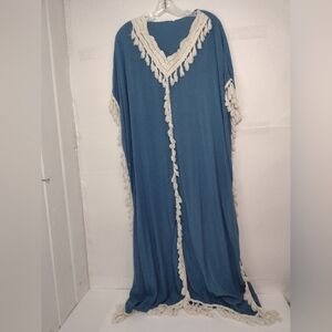 Blue and Cream Women's Kaftan Size (2XL)